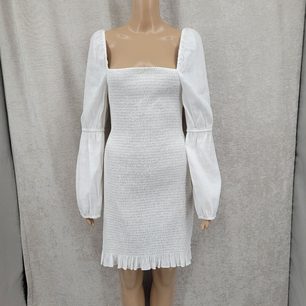 Gianni Bini Tally Smocked Linen Blend White Puff Long Sleeve Dress Large NEW - Picture 4 of 16